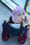 belt_as_garter caution_tape cosplay kaieda_kae lollipop photo purple_hair rosario+vampire shirayuki_mizore striped tank_top thigh-highs 
