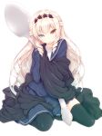  1girl black_legwear black_rose blonde_hair blue_eyes character_request clothes drill_hair flower hairband heterochromia hug long_hair luna_lia oversized_object parted_lips payot rose simple_background solo spoon thigh-highs white_background 