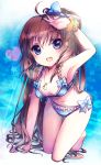  1girl all_fours bikini blue_eyes brown_hair heart jewelry long_hair necklace original ro_(igris-geo) solo swimsuit very_long_hair 