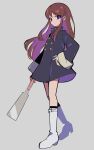  1girl absurdres aikatsu! aikatsu!_(series) blue_coat boots brown_hair buttons coat double-breasted expressionless full_body grey_background hand_on_hip highres holding knee_boots long_coat long_hair long_sleeves looking_at_viewer multicolored_hair purple_hair saw school_uniform shibuki_ran simple_background solo starlight_academy_uniform two-tone_hair uhouhogorigori violet_eyes white_footwear 