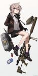  1girl :o astg bag bangs binoculars black_gloves black_neckwear black_skirt bolt_action brown_jacket calculator cheytac_m200 emoji girls_frontline gloves grey_background grey_hair gun hair_between_eyes highres jacket long_hair long_sleeves m200_(girls_frontline) necktie open_mouth pleated_skirt pocket ponytail rifle shell_casing shirt shoes simple_background skirt sneakers sniper_rifle socks solo striped striped_legwear violet_eyes watermark weapon web_address white_shirt 