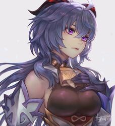  1girl 2021 ahoge artist_name bare_shoulders bell bell_collar blue_hair breasts collar dated detached_sleeves ganyu_(genshin_impact) genshin_impact gloves hair_between_eyes horns kaejunni lips medium_breasts sideboob signature solo upper_body violet_eyes watermark 