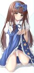  1girl :&gt; blue_dress blush bow brown_eyes brown_hair commentary_request dress hair_bow highres kneeling kure:kuroha lifted_by_self long_hair looking_at_viewer panties skirt skirt_lift solo star_(symbol) star_print star_sapphire touhou underwear white_panties 