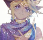  1boy :3 armlet atem blonde_hair blue_eyes cape cbow closed_mouth commentary_request dark_skin dark_skinned_male earrings egyptian eyelashes hand_up head_tilt jewelry male_focus multicolored_hair nail_polish smile solo spiky_hair yu-gi-oh! yu-gi-oh!_duel_monsters 