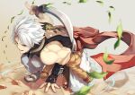  1boy chipp_zanuff dagger fighting_stance fingerless_gloves gloves guilty_gear leaf muscular online_neet sandals short_hair weapon white_hair 