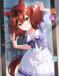  1girl animal_ears brown_eyes chair hair_between_eyes highres horse_ears horse_girl horse_tail konatsu_hare looking_at_mirror medium_hair mirror nice_nature_(umamusume) open_mouth redhead school_uniform solo tail tracen_school_uniform twitter_username umamusume 