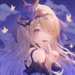  1girl bangs bare_shoulders blonde_hair blue_flower blue_rose breasts bug butterfly choker clouds covered_eyes eyebrows_visible_through_hair eyes_visible_through_hair finger_to_mouth flower hair_flower hair_ornament hair_over_one_eye highres honkai_(series) honkai_impact_3rd insect large_breasts long_hair looking_at_viewer looking_back mole mole_under_eye nail_polish nalukikiki night parted_lips pink_eyes rita_rossweisse rose sky solo thorns violet_eyes 