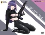  1girl arm_support artist_logo bangs black_footwear black_gloves blunt_bangs breasts commentary english_commentary eyeshadow fingerless_gloves from_side full_body gloves gun highres holding holding_gun holding_weapon j_adsen large_breasts leaning_back leggings logo long_hair looking_at_viewer looking_to_the_side makeup midriff original purple_hair red_eyes seiza shoes sidelocks sitting solo tongue tongue_out trigger_discipline under_boob weapon 