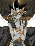  1boy absurdres atem black_hair cbow closed_mouth eyelashes fingernails grey_hair hands_up highres jewelry looking_at_viewer male_focus millennium_puzzle multicolored_hair orange_eyes smile solo spiky_hair spot_color yu-gi-oh! yu-gi-oh!_duel_monsters 
