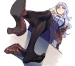  1girl black_legwear brown_capelet brown_footwear closed_mouth collared_shirt copyright_request crossed_legs dutch_angle foreshortening head_tilt high-waist_skirt high_heels highres long_hair looking_at_viewer neck_ribbon pantyhose perspective purple_hair purple_ribbon purple_skirt red_eyes ribbon ruukii_drift shirt shoe_dangle simple_background sitting skirt smile solo suspender_skirt suspenders white_background white_shirt wing_collar 
