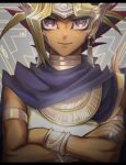 1boy armlet atem black_hair blonde_hair cape cbow closed_mouth commentary_request crossed_arms dark_skin dark_skinned_male ear_piercing earrings egyptian highres jewelry male_focus multicolored_hair piercing ring smile solo spiky_hair yu-gi-oh! yu-gi-oh!_duel_monsters 