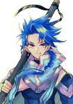  1boy blue_hair braid braided_ponytail child close-up closed_mouth cu_chulainn_(fate)_(all) earrings fate/grand_order_arcade fate_(series) haji_(fhj1896) highres holding holding_staff jewelry long_hair male_focus red_eyes setanta_(fate) simple_background slit_pupils solo spiky_hair staff tongue tongue_out type-moon white_background 