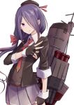  1girl ariake_(kantai_collection) bangs black_gloves black_headwear boushi-ya clenched_hand closed_mouth fingerless_gloves gloves hair_over_one_eye hair_ribbon hat jacket kantai_collection long_hair low-tied_long_hair necktie pleated_skirt purple_hair red_neckwear ribbon rigging simple_background skirt solo violet_eyes white_background 