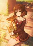  1girl absurdres aergia_c bangs brown_hair brown_shirt brown_skirt collarbone commentary euphonium eyebrows_visible_through_hair grass hibike!_euphonium highres holding holding_instrument instrument kitauji_high_school_uniform long_sleeves looking_at_viewer oumae_kumiko outdoors pillar pleated_skirt red_neckwear sailor_collar school_uniform serafuku shirt short_hair sitting skirt smile solo uniform white_sailor_collar yellow_eyes 