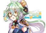  1girl animal_ears blush eyebrows_visible_through_hair genshin_impact glasses gloves green_hair hair_between_eyes hakamii hat lips long_hair looking_at_viewer open_mouth orange_eyes semi-rimless_eyewear solo sucrose_(genshin_impact) white_gloves 