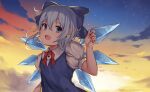  1girl aoman_de_cangshu backlighting blue_bow blue_dress blue_eyes bow cirno clouds cloudy_sky commentary_request dress fang flat_chest hair_between_eyes hair_bow highres ice ice_wings night night_sky open_mouth puffy_short_sleeves puffy_sleeves red_neckwear short_sleeves silver_hair skin_fang sky solo star_(sky) starry_sky sunset touhou wings 