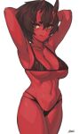  1girl arms_behind_back bikini black_bikini breasts brown_eyes brown_hair closed_mouth colored_skin cowboy_shot fang horns kidouko_(zakusi) large_breasts looking_at_viewer navel oni oni_horns original red_oni red_skin signature simple_background skin_fang smile solo swimsuit symbol_commentary under_boob white_background zakusi 