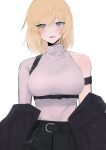  1girl absurdres bangs belt black_belt black_jacket black_pants blonde_hair blue_eyes blush breasts chain daiishori eyebrows_visible_through_hair highres hololive hololive_english jacket medium_breasts off_shoulder open_mouth pants short_hair single_sleeve solo virtual_youtuber watson_amelia 