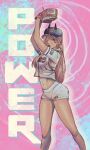  1girl alien_(chainsawramen) baseball_cap baseball_jersey baseball_mitt baseball_uniform black_headwear chainsaw_man character_name choi_seol-hwa choi_seol-hwa_(cosplay) cosplay hair_behind_ear hair_over_one_eye hat highres horns long_hair looking_at_viewer midriff navel one_eye_covered open_mouth photo-referenced pitching power_(chainsaw_man) real_life short_shorts shorts sportswear white_shorts 