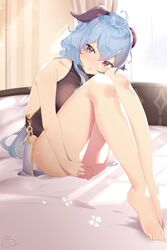  1girl absurdres ahoge ass backless_leotard bare_arms bare_legs bare_shoulders bed blue_hair brown_leotard feet ganyu_(genshin_impact) genshin_impact goat_horns highres horns leg_hug leotard long_hair looking_at_viewer low_ponytail no_legwear no_shoes on_bed orange_eyes pantyhose parted_lips sitting solo thighband_pantyhose thighs usagi_poi 