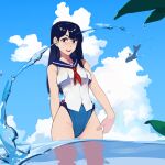  1girl :d bangs bare_shoulders black_eyes black_hair blue_sky clouds highres long_hair looking_at_viewer one-piece_swimsuit open_mouth original outdoors sailor_collar sky smile solo swimsuit unsomnus wading 