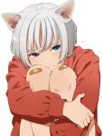  1girl 3: animal_ears bangs bare_legs blue_eyes cat_ears cat_girl closed_mouth commentary_request feet_out_of_frame hand_on_own_arm knees_up leg_hug long_sleeves looking_at_viewer mattaku_mousuke original red_sweater short_hair silver_hair simple_background sitting solo sweater twitter_username white_background 