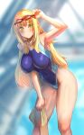  1girl adjusting_goggles arm_up armpits bangs blonde_hair blue_swimsuit blurry blurry_background bow_(bhp) breasts closed_mouth competition_swimsuit goggles goggles_on_head highleg highleg_swimsuit holding holding_towel impossible_clothes impossible_swimsuit large_breasts leaning_forward light_frown long_hair one-piece_swimsuit original sketch solo swimsuit towel yellow_eyes yellow_towel 