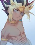 1boy armlet atem black_hair blonde_hair cbow closed_mouth commentary_request dark_skin dark_skinned_male earrings egyptian eyelashes fingernails grey_eyes highres jewelry male_focus multicolored_hair ring shirtless smile solo spiky_hair yu-gi-oh! yu-gi-oh!_duel_monsters 