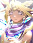  1boy armlet atem blonde_hair cape cbow commentary_request dark_skin dark_skinned_male earrings egyptian eyelashes highres jewelry looking_at_viewer male_focus multicolored_hair parted_lips purple_cape smile solo spiky_hair violet_eyes yu-gi-oh! yu-gi-oh!_duel_monsters 