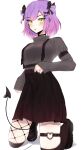  1girl :o absurdres black_choker black_footwear black_skirt boots breasts choker clenched_hand daiishori demon_tail double_bun fishnets gradient_hair grey_sweater highres hololive kneeling looking_at_viewer medium_breasts multicolored_hair open_mouth pink_hair purple_hair short_hair skindentation skirt solo sweater sweater_tucked_in tail thigh-highs thigh_boots thigh_strap tokoyami_towa virtual_youtuber white_background 