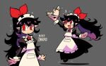  1girl :&gt; :d alternate_costume alternate_hairstyle apron black_dress black_hair blush_stickers bow character_name colored_inner_hair cup dress enmaided fang flying_sweatdrops grey_background hair_bow hand_up highres juliet_sleeves jumping long_hair long_sleeves looking_at_viewer maid maid_apron multicolored_hair multiple_views open_mouth original pointy_ears ponytail puffy_sleeves purple_hair rariatto_(ganguri) red_bow red_eyes simple_background slit_pupils smile sparkle teacup teapot tray very_long_hair white_apron zakuro_(rariatto) 