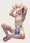  1boy arms_behind_head atem barefoot black_hair blonde_hair cbow closed_mouth commentary_request dark_skin dark_skinned_male ear_piercing earrings egyptian full_body head_tilt highres jewelry male_focus multicolored_hair piercing solo spiky_hair toes violet_eyes yu-gi-oh! yu-gi-oh!_duel_monsters 