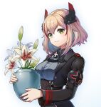  1girl armband azur_lane bangs black_jacket blonde_hair breasts buttons closed_mouth collared_shirt commentary double-breasted flower from_side green_eyes grey_shirt hair_between_eyes head_tilt highres holding holding_pot iron_cross jacket long_sleeves medium_breasts multicolored_hair orchid plant pot potted_plant redhead roon_(azur_lane) shirt short_hair sidelocks smile solo standing streaked_hair umipro upper_body 