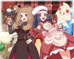  1boy 2girls :d ? absurdres alcremie alcremie_(strawberry_sweet) apron black_hair blush bow brown_hair buttons commentary_request cupboard hikari_(pokemon) dress eyelashes gen_4_pokemon gen_5_pokemon gen_8_pokemon grey_eyes hair_bow hand_on_hip hand_up hat heart highres holding long_hair multiple_girls o_o open_mouth outline pokemon pokemon_(creature) pokemon_(game) pokemon_masters_ex red_bow red_dress red_mittens rotom rotom_(heat) saon101 serena_(pokemon) smile standing sunglasses tongue volkner_(pokemon) whimsicott white_headwear 
