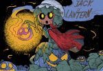  1girl :o black_background cape collared_cape colorized from_side green_hair hat ink_(medium) inktober jack-o&#039;-lantern jack-o&#039;-lantern_(rariatto) lantern leaf looking_at_viewer looking_to_the_side mixed_media monster_girl open_mouth original plant_girl pumpkin rariatto_(ganguri) red_cape sitting smoke solo traditional_media twitter_username 