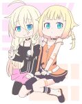  2girls :&gt; arm_tattoo bangs black_legwear black_shirt blue_eyes blunt_bangs boots braid cevio chibi choker commentary dress elbow_gloves fingerless_gloves full_body gloves gradient_hair hair_between_eyes hair_flaps hair_tie hands_on_lap highres ia_(vocaloid) light_frown light_smile long_hair looking_at_viewer miniskirt multicolored_hair multiple_girls one_(cevio) orange_dress orange_gloves pendant_choker pink_skirt platinum_blonde_hair pleated_skirt seiza shirt short_hair siblings single_elbow_glove single_thighhigh sisters sitting skirt spaghetti_strap tattoo thigh-highs thigh_strap thigh_tattoo two-tone_dress two-tone_gloves v very_long_hair vocaloid yuta1147 