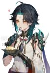  0jae 1boy absurdres ahoge arm_tattoo bangs bead_necklace beads black_gloves black_hair closed_mouth facial_mark food forehead_mark genshin_impact gloves green_hair heart highres holding holding_plate holding_spoon jewelry long_hair male_focus multicolored_hair necklace parted_bangs plate pudding simple_background solo spoon tattoo utensil_in_mouth xiao_(genshin_impact) yellow_eyes 