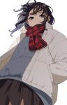  1girl black_eyes black_hair black_skirt closed_mouth coat commentary_request grey_sweater hand_in_pocket long_sleeves looking_at_viewer looking_down mattaku_mousuke miniskirt open_clothes open_coat original red_scarf scarf serious simple_background skirt solo sweater twitter_username unzipped white_background winter_clothes winter_coat zipper 