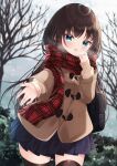  1girl bag bare_tree black_hair black_legwear blue_eyes blue_skirt blurry blurry_background blush breath brown_jacket brown_sweater commentary_request day depth_of_field fringe_trim highres jacket long_sleeves mirai_(happy-floral) open_mouth original outdoors outstretched_arm plaid plaid_scarf pleated_skirt puffy_long_sleeves puffy_sleeves red_scarf scarf school_bag school_uniform skirt sleeves_past_wrists solo sweater thigh-highs tree 
