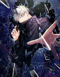  1boy bangs black_background black_blindfold black_jacket black_pants blindfold blindfold_down blue_eyes broken_glass closed_mouth cowboy_shot glass glass_shards gojou_satoru high_collar highres jacket jujutsu_kaisen long_sleeves looking_at_viewer male_focus noes open_hands pants reaching_out short_hair smile solo white_hair 