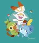  blue_eyes closed_mouth commentary_request fang gen_8_pokemon great_ball green_background grookey looking_back mizutani_megumi no_humans open_mouth poke_ball poke_ball_(basic) pokemon pokemon_(creature) scorbunny signature smile sobble starter_pokemon_trio tongue ultra_ball 