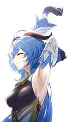  1girl ^_^ absurdres ahoge armpits arms_up bell blue_hair breasts closed_eyes cowbell detached_sleeves from_side ganyu_(genshin_impact) genshin_impact gloves highres horns medium_breasts momu_(su) sideboob simple_background sleeveless smile solo stretch upper_body white_background 