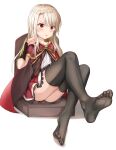  1girl :o absurdres ass bangs black_legwear blonde_hair blush bow bowtie cape chair commentary eyebrows_visible_through_hair fate/stay_night fate_(series) feet full_body hand_up highres illyasviel_von_einzbern long_hair looking_at_viewer miniskirt no_shoes open_mouth pleated_skirt red_bow red_cape red_eyes red_skirt simple_background sitting skirt solo thigh-highs white_background zeroillya 