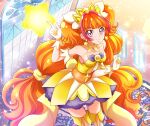  1girl amanogawa_kirara arm_up armpits bare_shoulders boots breasts brooch choker closed_mouth covered_nipples cowboy_shot cure_twinkle dress earrings from_above gloves go!_princess_precure hanzou highres index_finger_raised jewelry long_hair looking_at_viewer magical_girl multicolored_hair orange_hair precure redhead smile solo stained_glass star_(symbol) star_earrings streaked_hair thigh-highs thigh_boots twintails two-tone_hair very_long_hair violet_eyes white_gloves yellow_dress 