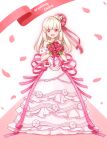 1girl :d bangs bare_shoulders blonde_hair bouquet collarbone dress eyebrows_visible_through_hair flower full_body hair_bun highres holding holding_bouquet layered_dress long_hair looking_at_viewer open_mouth original personification petals pink_dress pleated_dress red_eyes red_flower red_rose rose sansei_rain smile solo standing strapless strapless_dress 