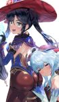  2girls ahoge aqua_eyes ass back bangs bare_shoulders black_gloves black_hair blue_cape blue_hair blue_headwear blue_leotard blush bodystocking breasts brown_legwear cape detached_sleeves earrings elbow_gloves fur_collar ganyu_(genshin_impact) genshin_impact gloves gold_trim hat hat_ornament highleg highleg_leotard highres horns jewelry large_breasts leotard long_hair looking_at_viewer looking_back medium_breasts mona_(genshin_impact) multiple_girls open_mouth pantyhose pendant smile star_(symbol) star_earrings thighlet thighs twintails uenoryoma violet_eyes vision_(genshin_impact) witch_hat 