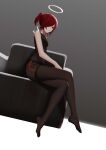  1girl absurdres arknights bangs bare_shoulders black_legwear black_shirt couch exusiai_(arknights) from_below gradient gradient_background highres open_mouth red_eyes redhead shirt short_hair shorts sitting sleeveless solo thighs tian115 