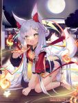  1girl :d absurdly_long_hair animal_ear_fluff animal_ears anklet architecture asagi_yuna bangs bare_legs barefoot bell black_skirt blunt_bangs blush braid commentary_request double_bun east_asian_architecture fang fire flower fox_ears fox_girl fox_shadow_puppet fox_tail french_braid full_body hair_flower hair_ornament hand_up japanese_clothes jewelry jingle_bell kitsune kneeling long_hair looking_at_viewer moon multiple_tails night official_art open_mouth pyrokinesis side_slit skin_fang skirt smile solo tail very_long_hair watermark white_hair wide_sleeves yako_(z/x) yellow_eyes zillions_of_enemy_x 