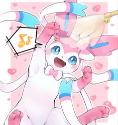  blue_eyes blush cat_teaser commentary_request fang gen_6_pokemon heart highres ka_ei_volltis musical_note no_humans open_mouth outline paws pokemon skin_fang smile spoken_musical_note sylveon toes tongue 