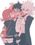  ... 1girl 2boys ahoge bag bangs behind_another black_jacket black_legwear blunt_bangs blush bong_(0u0bon) brown_eyes brown_hair cat_bag collarbone collared_shirt dangan_ronpa_(series) dangan_ronpa_2:_goodbye_despair eyebrows_visible_through_hair flipped_hair hair_ornament heart highres hinata_hajime holding_hands hood jacket komaeda_nagito long_sleeves looking_up male_focus medium_hair messy_hair multiple_boys nanami_chiaki necktie pink_eyes pink_hair pleated_skirt red_nails school_uniform shirt short_hair sideways_mouth skirt smile spoken_ellipsis sweat thigh-highs white_shirt yellow_eyes zettai_ryouiki 